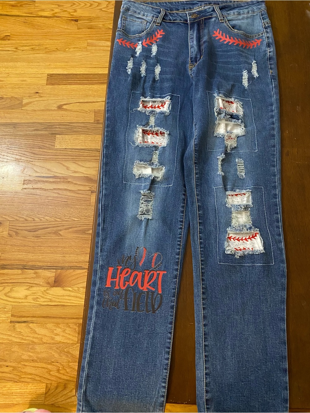 Women’s Distressed Baseball-Accent Dark Blue Jeans - Unbranded